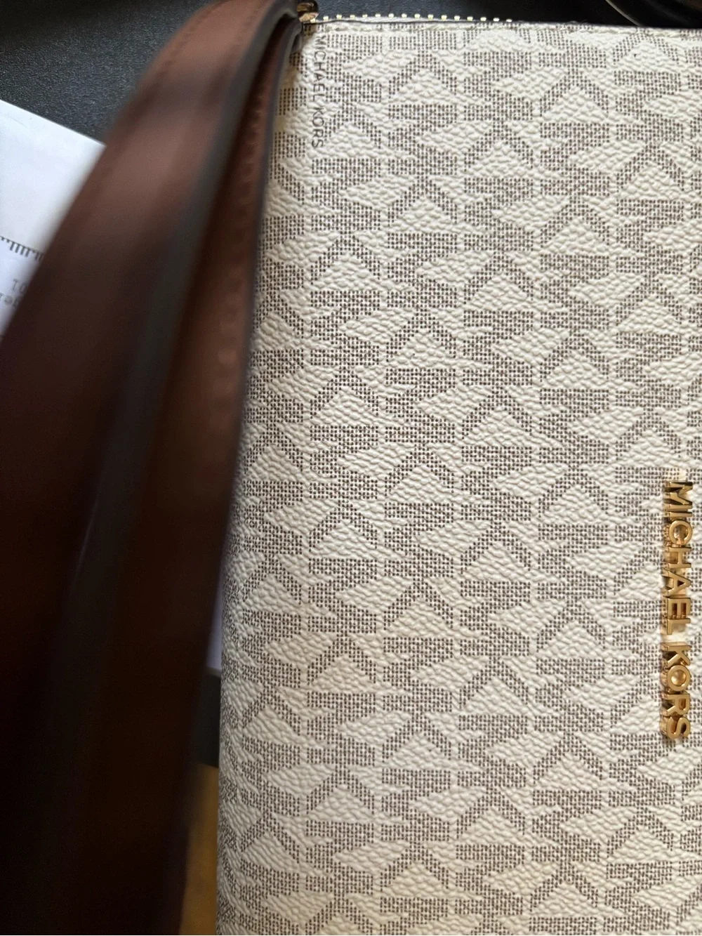 MICHAEL KORS Beige Monogram Crossbody with Brown Strap